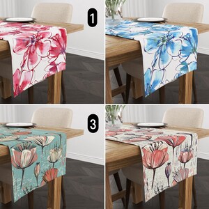 Pink Blue Flowers Table Runner, Floral Abstract Table Runner, Modern Chic Spring & Summer Runner, Dining Room Decor, Valentine&#39;s Day Decor