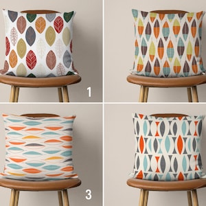 Retro Design Pillow Case, Blue Orange Pillow Cover, Leaf Pattern Cushion Cover, Mid Century Modern, Living Room Decor, Any Size Pillow