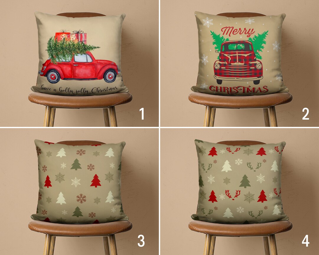 Little Red Car Pillow Cover Pine Tree Cushion Cover Natural Etsy