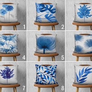Blue Leaves & Flowers Pillow Cover, Decorative Tropical Leaf Design Cushion Cover, Leafy Botanical Pillow Case, Blue Home Decor, 20x20