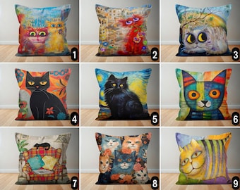 Süßer lustiger Katzen Kissenbezug, abstraktes Kätzchen Gemälde Kissenbezug, lebendiger moderner surrealer Tierkissenbezug, Geschenk für Katzenmutter, 18x18