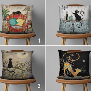 Cute Cat Pillow Cover, Animal Illustration Cushion Cover, Black Cat Pillow Case, Bedroom Decor, All Sizes Custom Pillow Cover, 12x12, 14x14