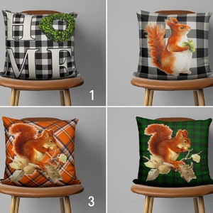 May include: Four throw pillows with different designs. The first pillow has a black and white checkered pattern with the word "HOME" in white letters. The second pillow has a black and white checkered pattern with a red squirrel holding a nut. The third pillow has an orange and black plaid pattern with a red squirrel holding a nut. The fourth pillow has a green and black plaid pattern with a red squirrel holding a nut.