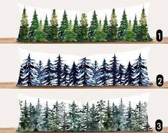 Evergreen Tree Forest Lumbar Pillow Cover, Green Blue Pine Woods Oversized Pillow Cover, Long Rustic Winter Holiday Pillow Cover, Noel Decor