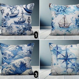 May include: Four different blue and white patterned throw pillow covers. The first pillow features a nautical theme with ships and flowers. The second pillow features a watercolor floral design with a ship in the center. The third pillow features a blue and white wave pattern. The fourth pillow features a compass design with blue and white stars.