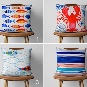 Fish Lobster Pillow Cover, Coastal Cushion Cover, Marine Beach House Throw Pillow, Turquoise Ocean House Decor, Custom Pillow, Cover Only