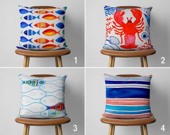 Fish Lobster Pillow Cover, Coastal Cushion Cover, Marine Beach House Throw Pillow, Turquoise Ocean House Decor, Custom Pillow, Cover Only