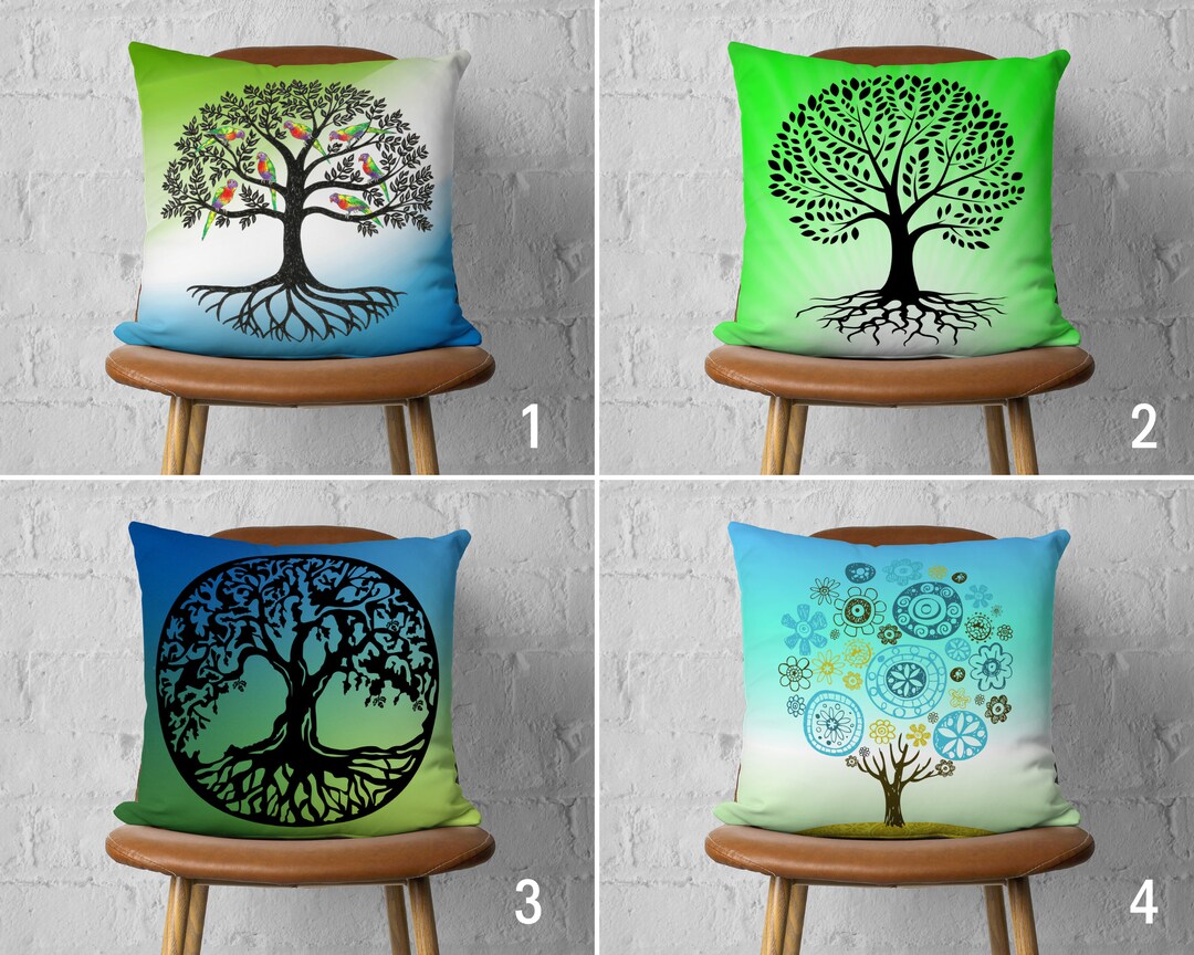 Tree of Life Pillow Cover, Life Tree Pillow Case, Green & Blue Cushion