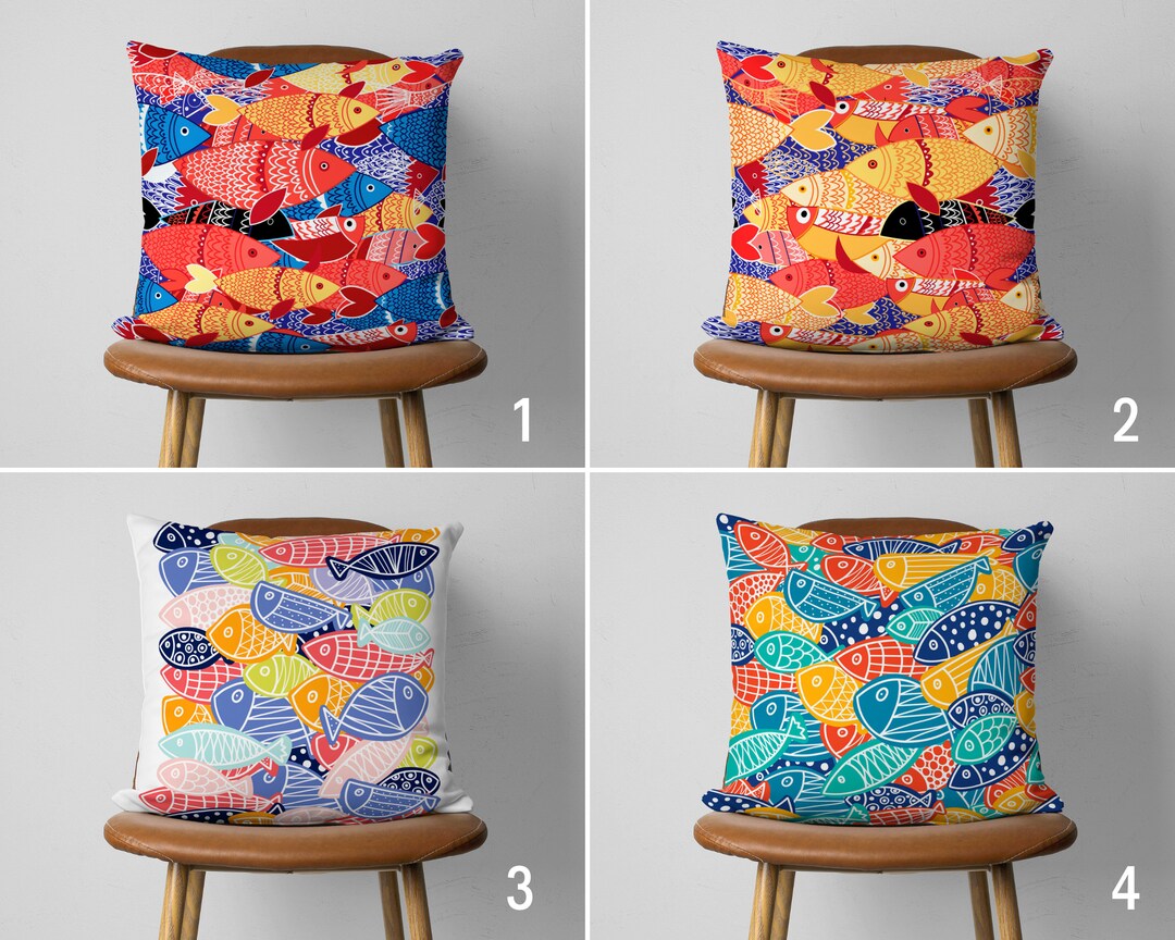 Colorful Fish Pillow Cover, Multi Colored Coastal Cushion Cover
