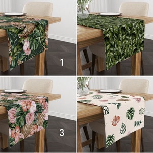 Floral Boho Leaves Table Runner, Green Forest Kitchen Runner, Botanical Monstera Tablecloth, Exotic Table Linens, Any Size Runner