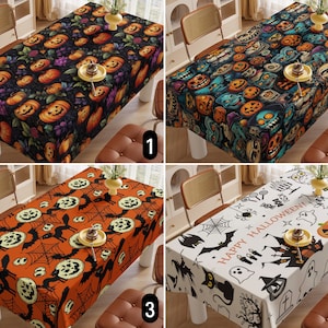 May include: Four different Halloween tablecloths with various designs. The first tablecloth features a black background with orange pumpkins, the second tablecloth features a blue background with orange pumpkins and cartoon characters, the third tablecloth features an orange background with black bats and spiders, and the fourth tablecloth features a white background with black bats, ghosts, and the text "Happy Halloween!"