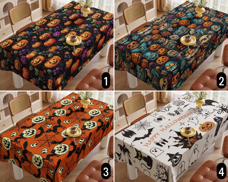 May include: Four different Halloween tablecloths with various designs. The first tablecloth features a black background with orange pumpkins, the second tablecloth features a blue background with orange pumpkins and cartoon characters, the third tablecloth features an orange background with black bats and spiders, and the fourth tablecloth features a white background with black bats, ghosts, and the text "Happy Halloween!"