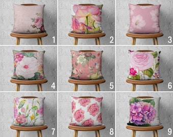 Housse de coussin fleurs roses, taie d'oreiller printemps floral, housse de coussin de couleur pastel, textile à la maison, 18 x 18, 20 x 20, décor de salon, couverture seulement