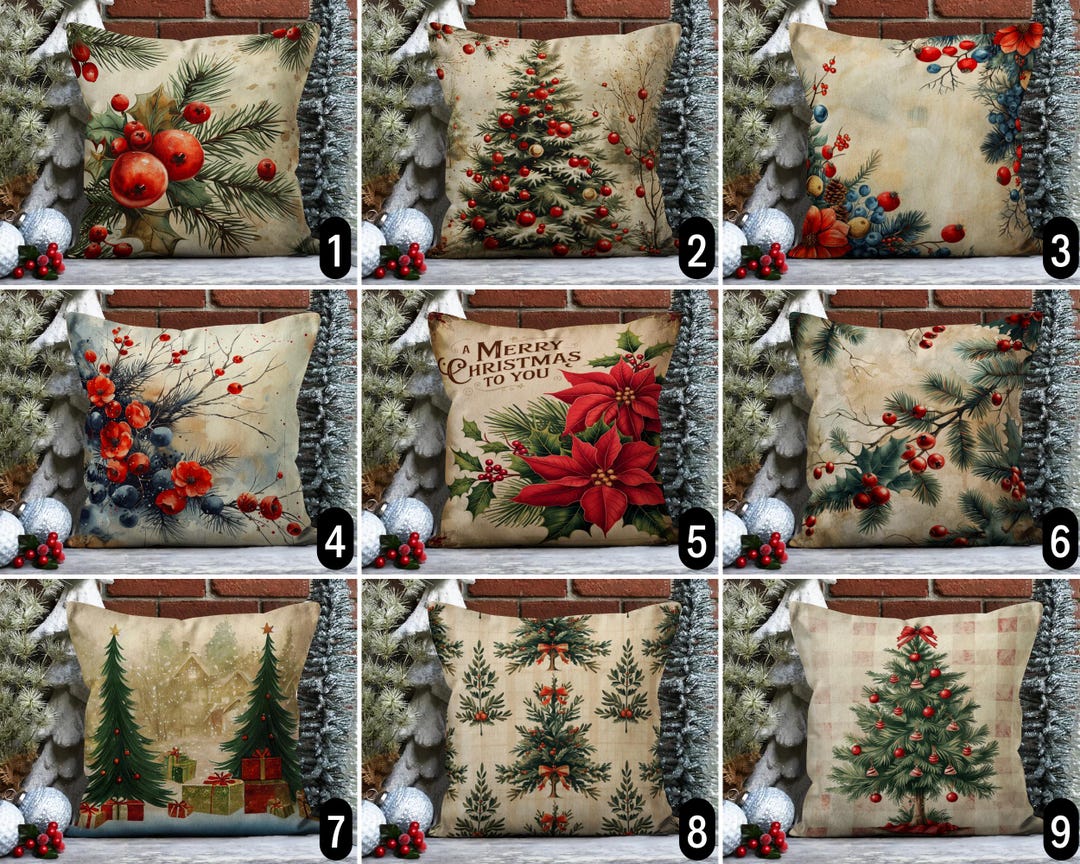 Vintage Floral Holiday Pillow Cover, Red Green Beige Christmas Pine ...
