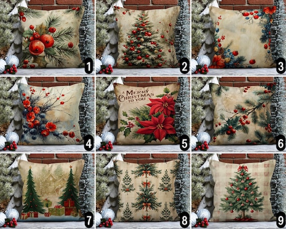Vintage Floral Holiday Pillow Cover, Red Green Beige Christmas Pine Trees Cushion Cover, Digital Print Winter Holly Berry Pillow Case, 18x18