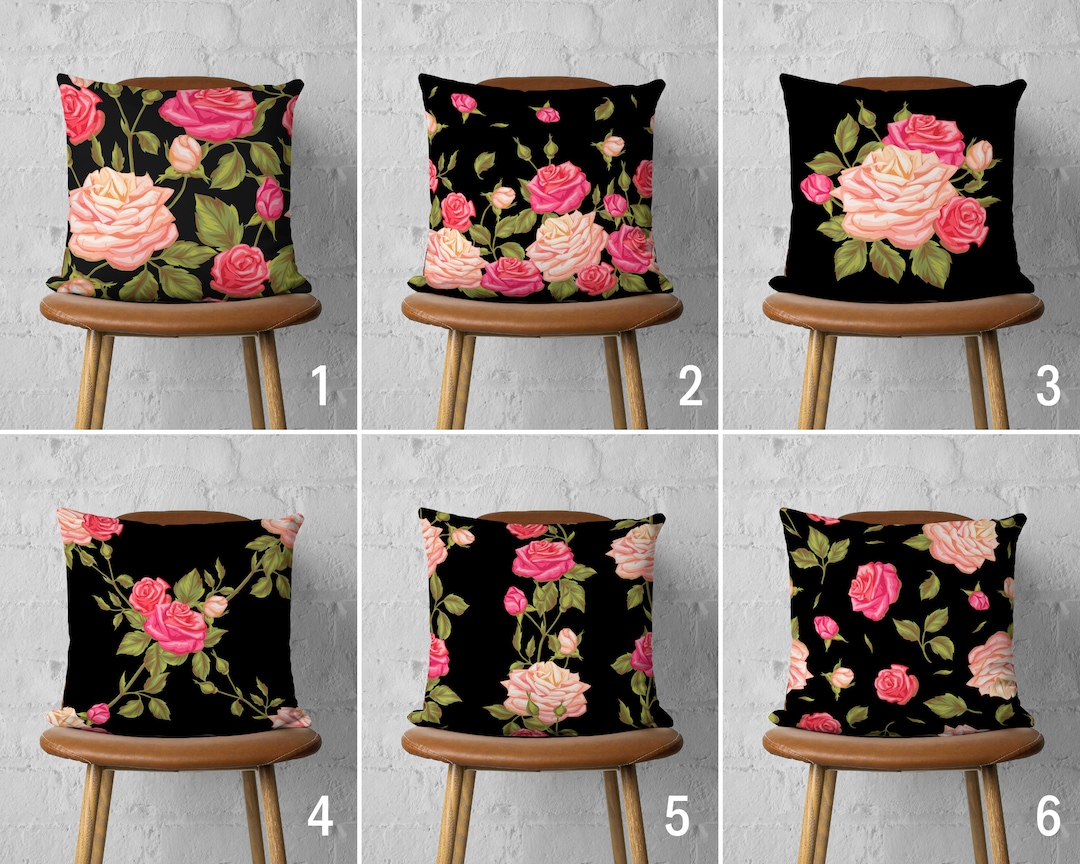 Roses Pillow Cover, Black & Pink Cushion Cover, Floral Pillow Case