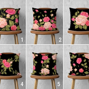 Roses Pillow Cover, Black & Pink Cushion Cover, Floral Pillow Case, Bohemian Cushion, Boho Home Decor, Any Size Pillow, 14x14 16x16 18x18