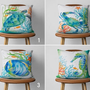 Sea Turtle  Pillow Cover, Nautical Fish Cushion Cover, Seahorse Beach House Throw Pillows, Turquoise Ocean Sea Home Decor, Custom Pillows