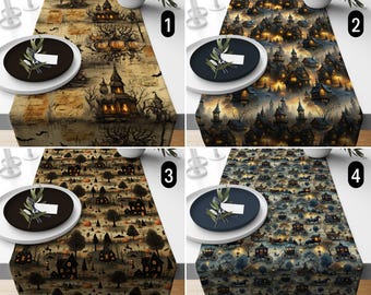 vintage effrayant Halloween chemin de table, chemin de table maison hantée, nappe gothique mystique nuit d'Halloween, impression numérique, n'importe quelle taille personnalisée