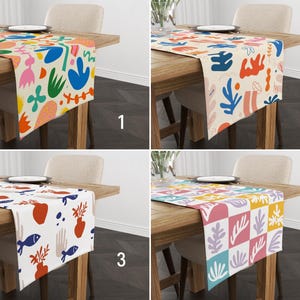 Abstract Modern Art Table Runner, Colorful Minimalist Organic Shapes Design Runner, Table Runner, Scandinavian Fish & Leaves Table Runner