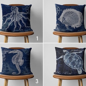 Nautical Dark Blue Pillow Case, Marine Sea Life Cushion Cover, Navy Blue Octopus Fish Pillow Cover, Ocean House Decor, Seahorse Seaturtle