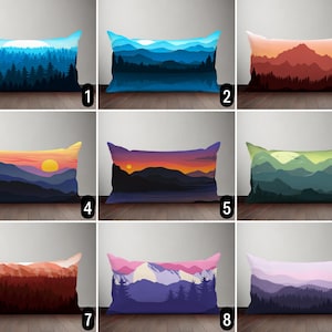 Abstract Forest Landscape Lumbar Pillow Cover, Modern Minimalist Silhouetted Mountains View Pillow Case, Boho Hills Landscape Cushion Cover
