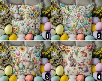 Easter Bunny Pillow Cover, Colorful Floral Easter Accent Pillow Case, Spring Easter Holiday Eggs Pillow Cover, Boho Cozy Farmhouse Decor