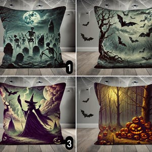 Halloween Throw Pillow Cover, Spooky Skeleton Graveyard & Jack-o&#39;-Lantern Forest Pillow Case, Bats and Witch Pillow Case, Halloween Decor