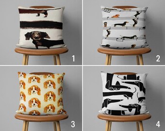 Cute Dogs Throw Pillow Cover, Dog Pattern Cushion Cover, Dachshund Pillow Case, Any Size Pillow, Design and Size Options, Only Covers