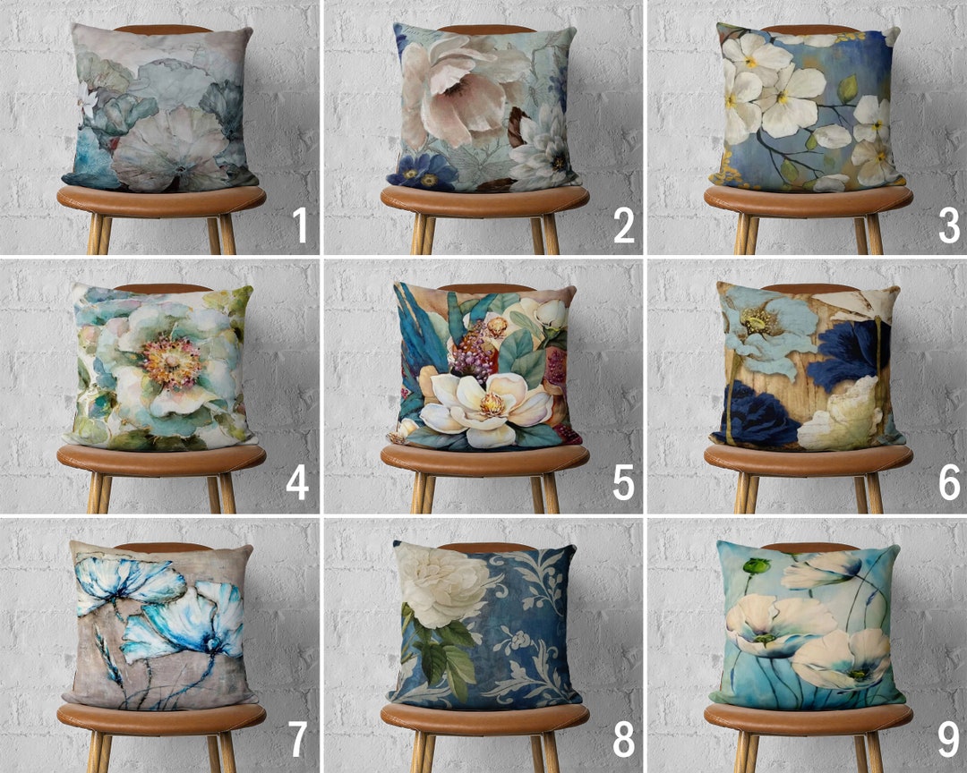 Blue Flower Pillow Cover, Floral Painting Pillow Case, Summer Cushion