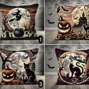 Halloween Vintage Throw Pillow Cover, Spooky Haunted House Witch Carved Pumpkin Cushion Cover, Black Cats Bats Jack-O&#39;-Lanterns Pillow Case