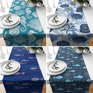 Blue Coastal Table Runner, Fish & Seahorse Runner, Nautical Tablecloth, Aqua Table Decor, Any Size Runners, Dining Room Decor