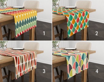 Vivid Color Retro Style Table Runner, Mid Century Modern Runner, Drop Shape Pattern Tablecloth, Retro Table Cover, Best Kitchen Decors