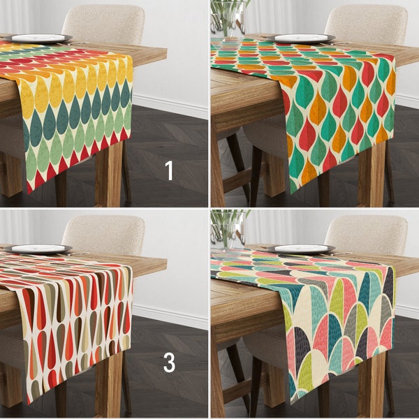 Vivid Color Retro Style Table Runner, Mid Century Modern Runner, Drop Shape Pattern Tablecloth, Retro Table Cover, Best Kitchen Decors