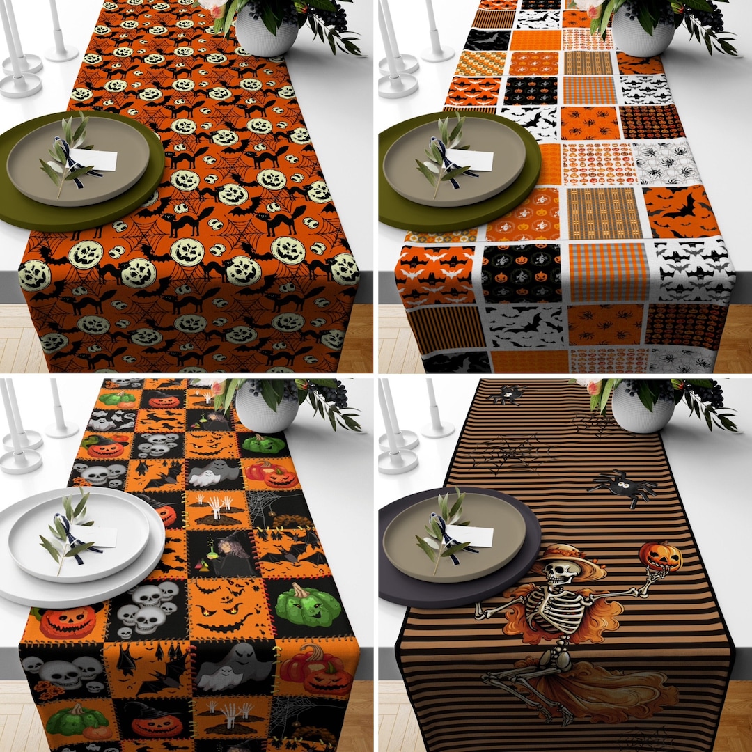 Orange Black Halloween Runner, Skeleton Pumpkin Cat Bat Spider Table ...