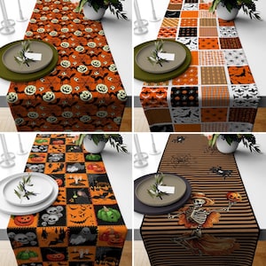May include: Four different Halloween table runners with various designs. The first runner features a pattern of orange and black pumpkins, bats, and spiderwebs. The second runner has a patchwork design with orange, black, and white squares. The third runner has a striped pattern with black and brown stripes. The fourth runner has a black and white striped pattern with a skeleton holding a pumpkin.