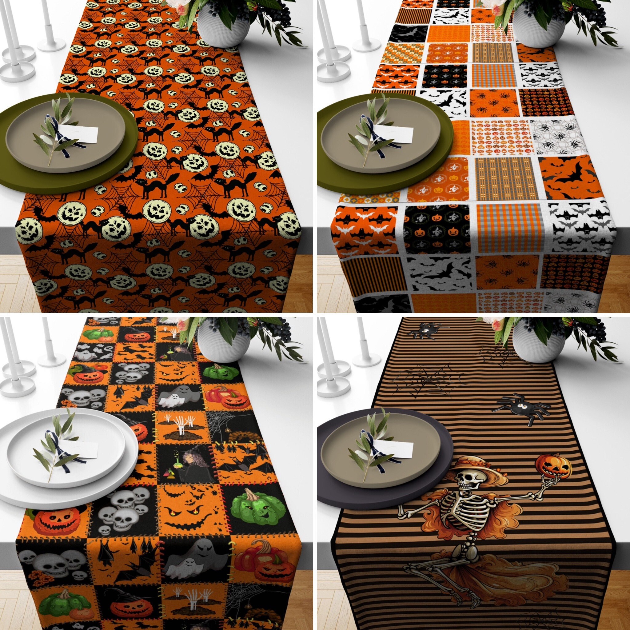 Orange Black Halloween Runner, Skeleton Pumpkin Cat Bat Spider Table ...