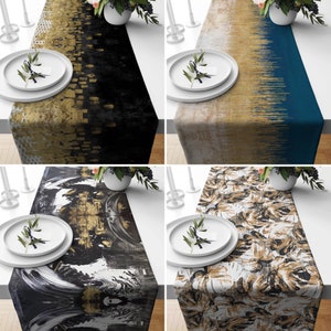 Digital Print Luxury Table Runner, Modern Black Gold Yellow Color Table Runner, Console & Dresser Runner, Custom Tablecloth, Unique Decor