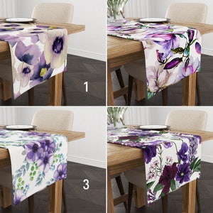 Purple Flowers Table Runner, Floral Watercolor Kitchen Runner, Eggplant Color Tablecloth, Spring Table Cover, Any Size Table Runner