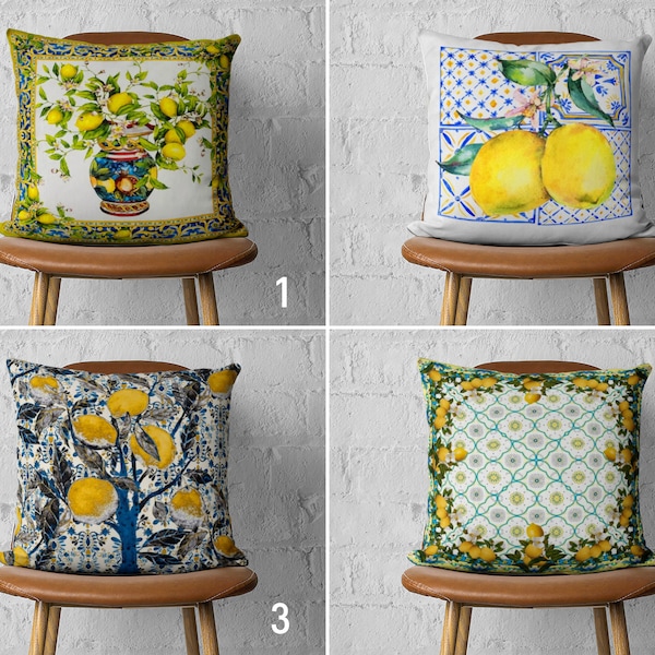 Citrus Lemon Pillow Covers, Blue & Yellow Lime Cushion Cover, Lemon Tree Pillowcase, Custom Size Pillow, Handmade Pillow Cover, 18x18 20x20