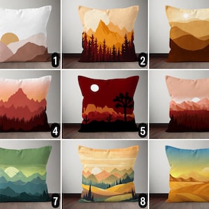 Sunset Landscape Pillow Cover, Boho Abstract Layered Mountains View Pillow Case, Modern Minimalist Scenery Cushion Cover, Bohemian Decor