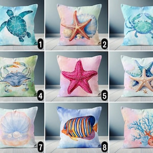 Coastal Tropical Watercolor Throw Pillow Cover, Blue Pink Marine Sea Life Pillow Case, Sea Turtle Starfish Seashell Crab Coral Pillow Cover