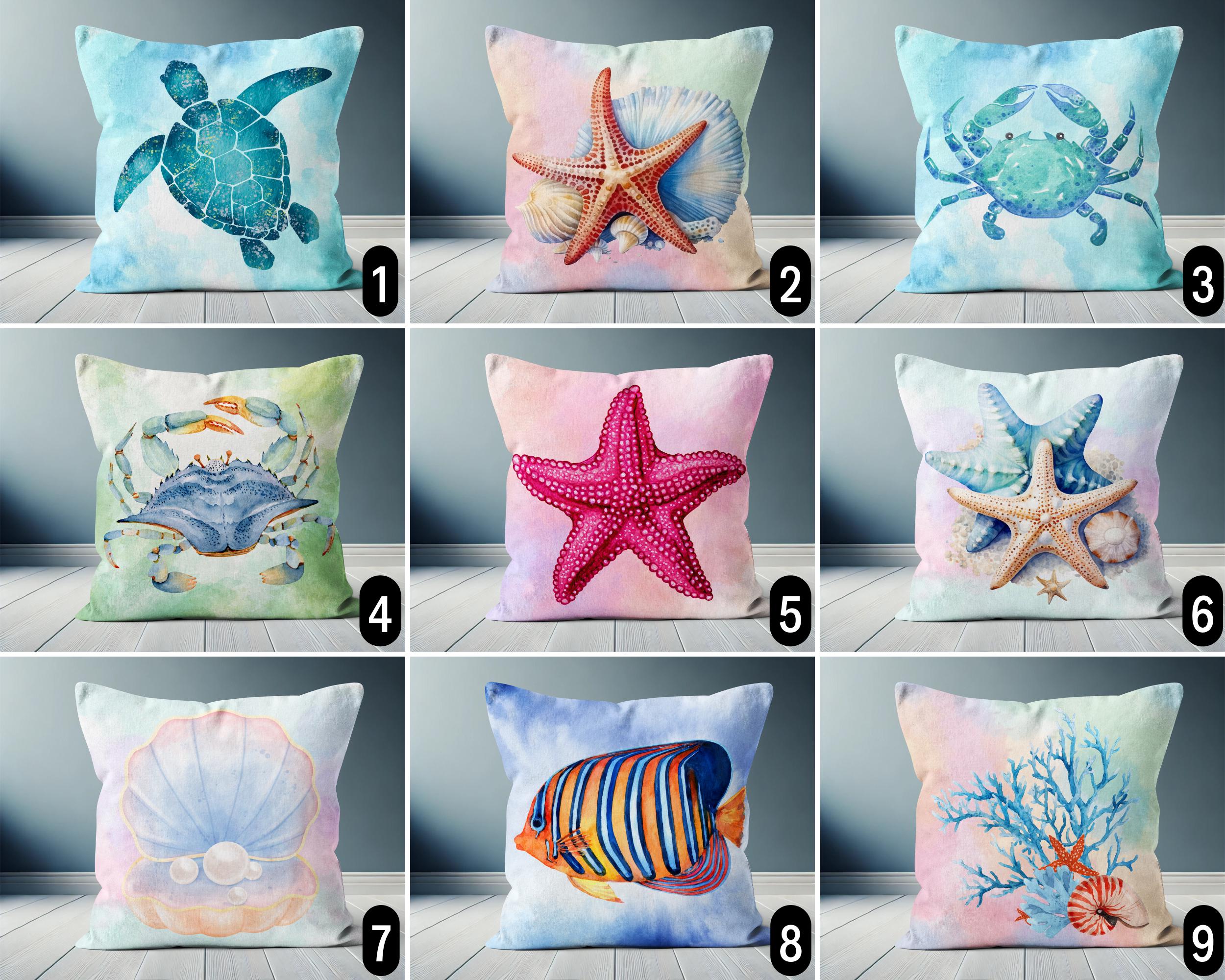 Coastal Tropical Watercolor Throw Pillow Cover, Blue Pink Marine Sea Life Pillow Case, Sea Turtle Starfish Seashell Crab Coral Pillow Cover