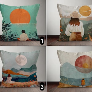 Bohemian Landscape Throw Pillow Cover, Woman Watching Sunset & Moon Cushion Cover, Abstract Modern Minimalist Scenery Pillow Case, Euro Sham