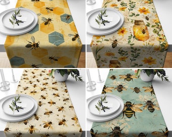 Cute Bees Table Runner, Spring & Summer Yellow Table Runner, Bee Design Tablecloth, Dining Room Decor, Any Size Runner, 16x51, 16x100, 18x71