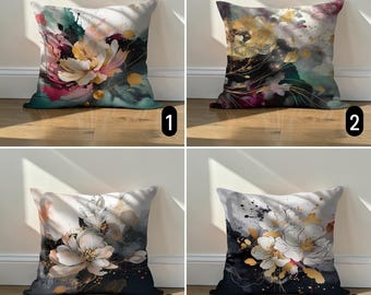Abstract Dark Floral Pillow Case, Botanical Elegant Cushion Cover, Moody Living Room Decor