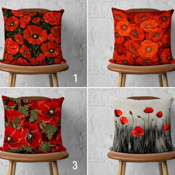 Red Poppy Flower Pillow Cover, Floral Pillow Case, Flowery Cushion Cover, Any Size Pillow, Floral Home Decor, Living Room Decor, Cover Only