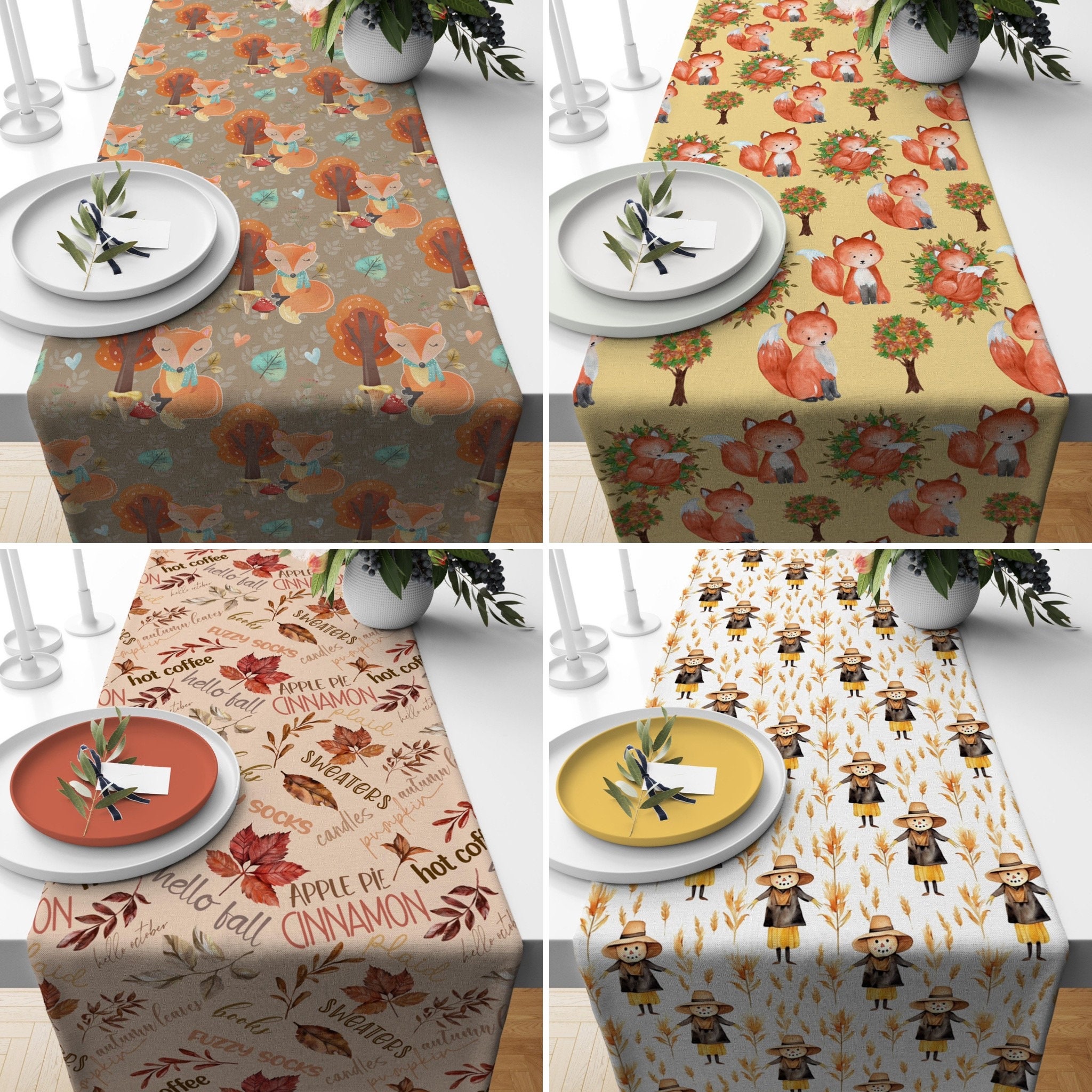 Acogedor corredor de mesa de otoño, decoración de mesa de otoño de cocina y comedor, corredor de hojas de espantapájaros de zorro, mantel de tamaño pe