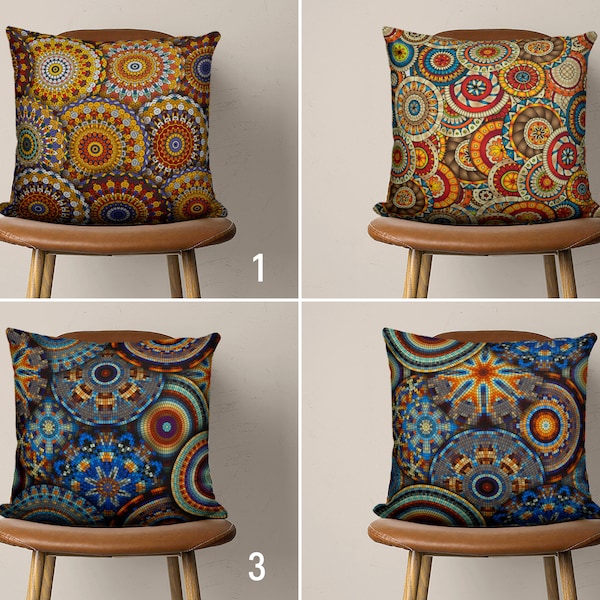 Abstract Circle Design Pillow Cases, Ethnic Style Rounds Cushion Cover, Blue Orange & Red Throw Pillow Cover, Any Size Pillow, 24x24, 28x28