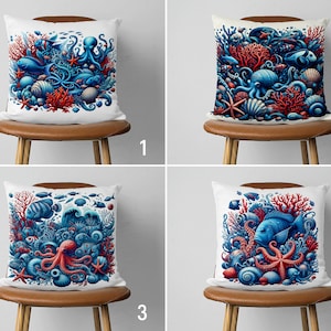 Blue & Red Fish Design Marine Pillow Cover, Starfish Octopus Seashell Coral Throw Pillow Case, Coastal Beach House Decor, Ocean House Decor